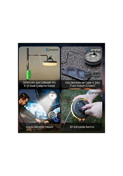 Kamptek Şarj Edilebilir Kamp Lambası - 10 Metre Peri Led Işıklı, 2000mah, 8 Modlu Taşınabilir Kamp Aydınlatması Beyaz