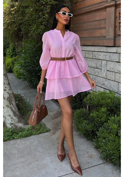 Lijuri Deri Kemerli Fırfırlı Elbise 2901 R8-c-k5 Pembe