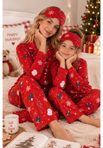 Free Beka Kırmızı Yılbaşı Desenli Uzun Kollu Önden Düğmeli Gömlek Yaka Anne Kız Pijama Takımı Free Beka Kırmızı Yılbaşı Desenli Uzun Kollu Önden Düğmeli Gömlek Yaka Anne Kız Pijama Takımı