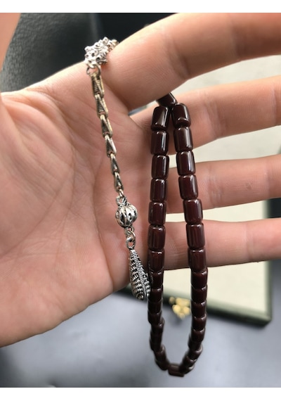 Osmanlı Sıkma Kehribar Tesbih Koyu Vişne, 9x7 Mm Gümüş