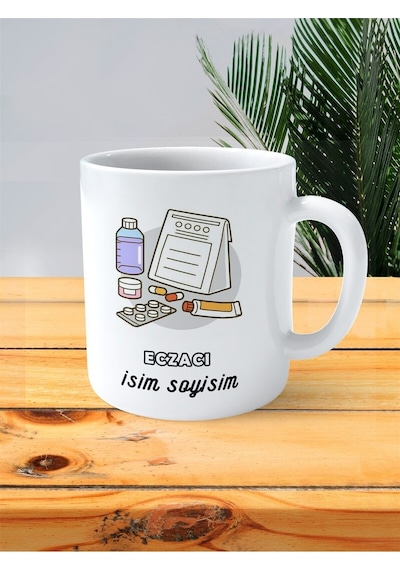 Eczacı Eczane Baskılı Kupa Bardak İsimli Kişiye Özel Krem Ve Resim Çok Renkli
