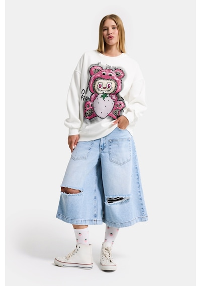 Itsbasic Kadın Beyaz W5 Oversize Baskılı %100 Koton Organik Kumaş Sweatshirt
