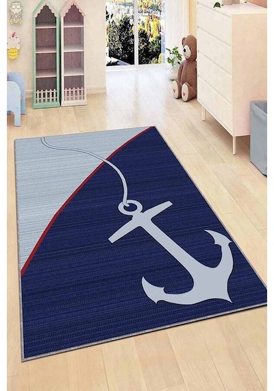 Lacivert Kaymaz Tabanlı Denizci Temalı Çocuk Halısı Kd051n11