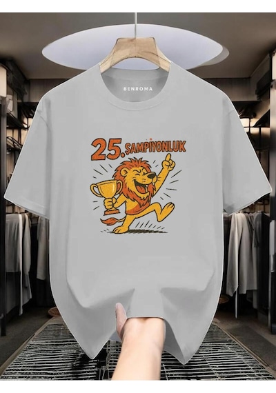 Şampiyonluk Baskılı Unisex Tişört Gri