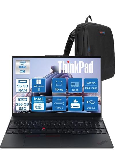 Lenovo ThinkPad E16 Gen 3 21SR006VTXP36 Ultra 5 225U 96 GB 256 GB SSD 16" W11P Dizüstü Bilgisayar + Zetta Çanta
