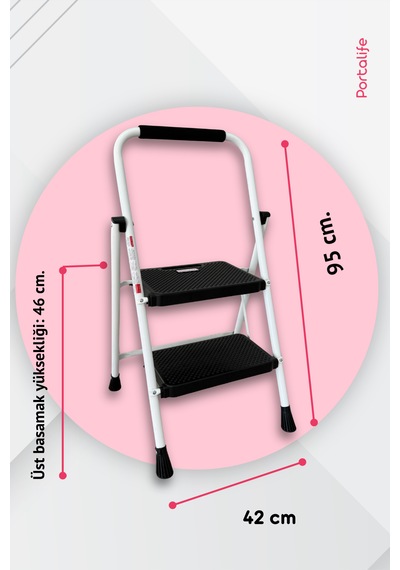 Portalife 2 Basamaklı Uzun Tutacaklı Şık Beyaz Çelik Merdiven - Katlanır 100 Cm'ye Kadar