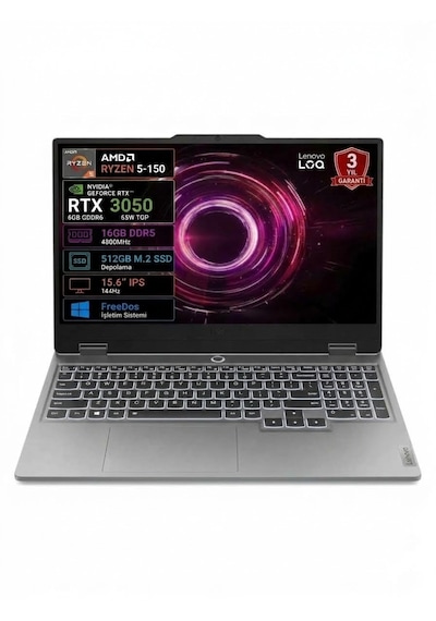 Lenovo LOQ 15ARP10E 83S000HSTR Ryzen 5 150 16 GB 512 GB SSD RTX3050 6 GB 15.6" Free Dos Dizüstü Bilgisayar