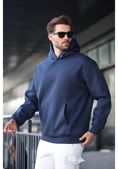 Madmext Lacivert Kapüşonlu Kanguru Cep Erkek Sweatshirt E7169 Lacivert