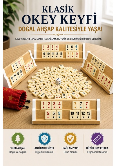 Büyük Boy Ahşap Okey Takımı 4 Kişilik Istaka Seti Taş Torbalı Dayanıklı Kalın Taşlı Oyun Seti