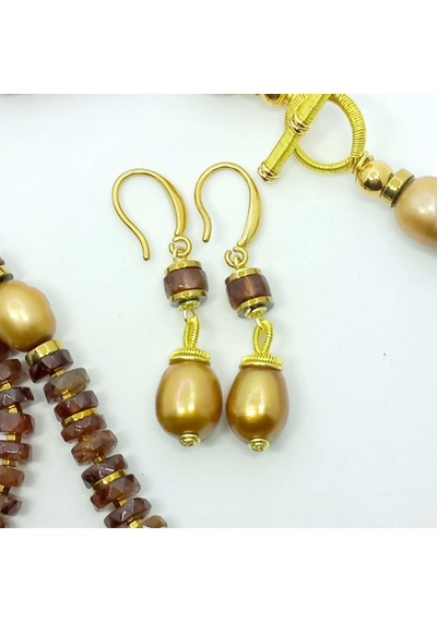2629 Doğal İnci Hossanite Garnet Hematit El Yapımı Küpe Açık Gold