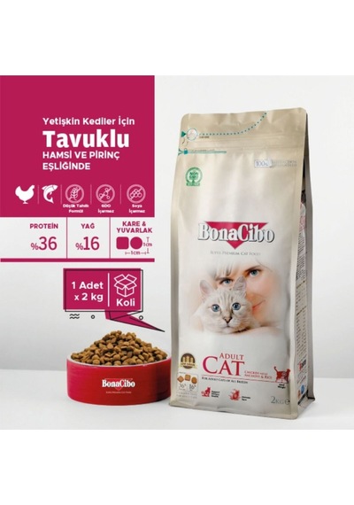 Bonacibo Yetişkin Tavuklu Kuru Mama 2 Kg & Sığır Etli Soslu Konserve Seti 6x400 Gr