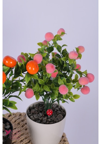 Yapay Çiçek Sitesi Plastik Saksıda Yapay Mini Mandalina & Şeftali Tanzimi 2 Li Set 33 Cm Çok Renkli