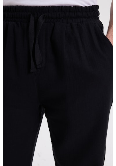 Tudors Erkek Baggy Fit Geniş Kesim %100 Pamuk Beli Lastikli Yandan Cepli Müslin Siyah Düz Pantolon-46259