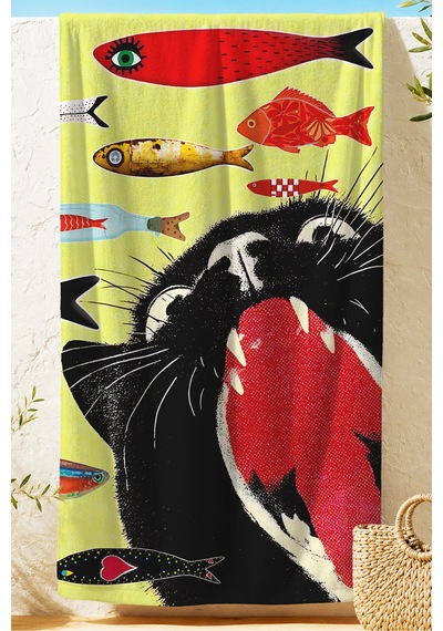 Kedi Balık Figürlü Plaj Havlusu - Akdeniz Pop Art Sarı Kırmızı Hızlı Kuruyan Mikrofiber Havlu Sisli Kumul