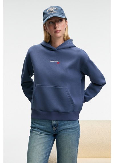 ETHIQUET ME UREA Kadın Nakışlı Kapüşonlu Comfort Fit Koyu Mavi Sweatshirt