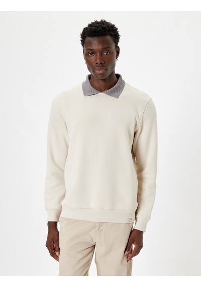 Koton Polo Yaka Sweatshirt Uzun Kollu Pamuk Karışımlı Bej 5wam70030mk Ekru