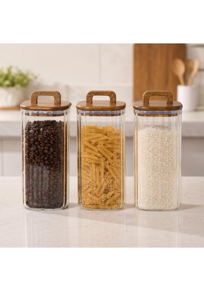 1500 Ml Kare Line Cam Kavanoz 3'lü Set, Akasya Kapaklı Şeffaf Cam Saklama Kavanozu, Ahşap Kapaklı Mutfak Düzenleyici, Bakliyat Makarna Kahve Çay Kuruyemiş Kuru Gıda Kabı Çok Renkli