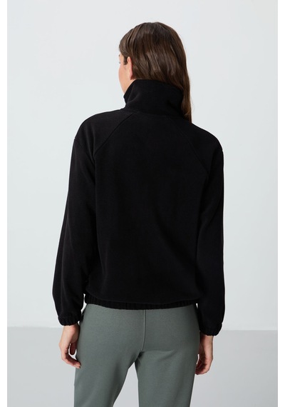 Tommy Life Siyah Kalın Yumuşak Dokulu Dik Yaka Oversize Nakışlı Polar Kadın Sweatshirt - 97293 Siyah