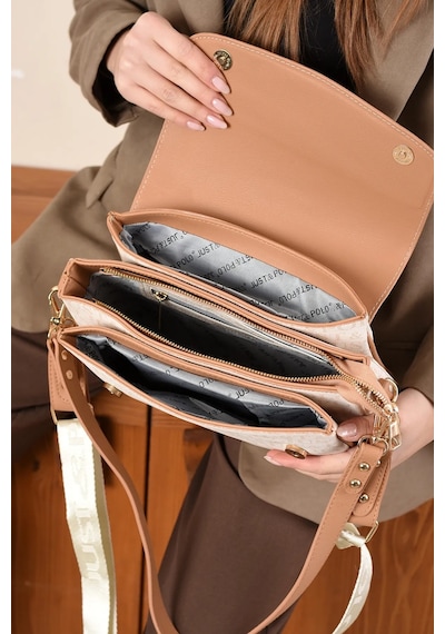 Just Polo Kadın Baskı Detaylı Büyük Boy El Ve Omuz Çantası Krem - Camel 57169992