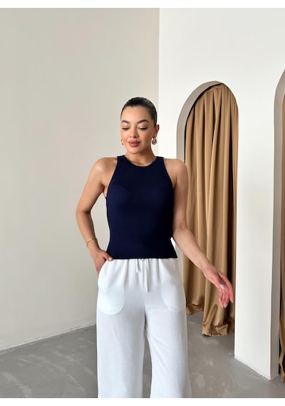Laluvia Beyaz Beli Lastikli Pamuklu Keten Pantolon Beyaz