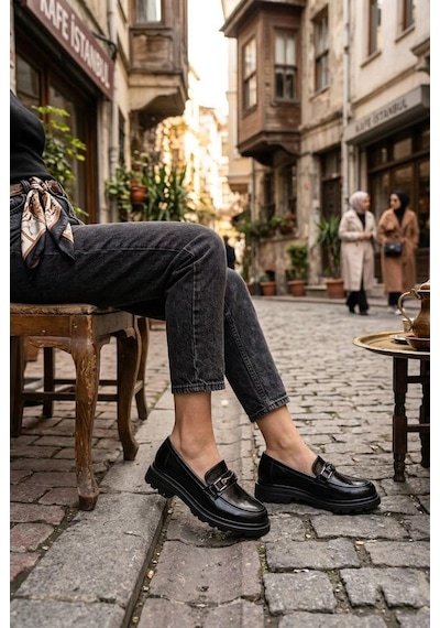 Fort Ventes 35839 Siyah Açma Toka Detaylı Rahat Loafer Kadın Ayakkabı
