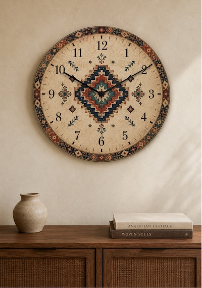 AA Shop Anadolu Motifli Baskılı Duvar Saati Etnik Kilim Desenli Sessiz Dekoratif Baskılı Ahşap Saat 802 Çoklu Renkli