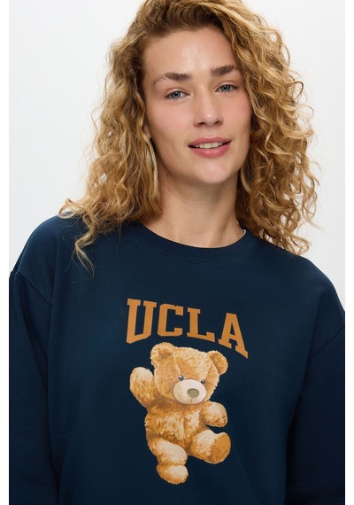 UCLA Lyra Lacivert Bisiklet Yaka Baskılı Pamuklu Loose Fit Kadın Sweatshirt