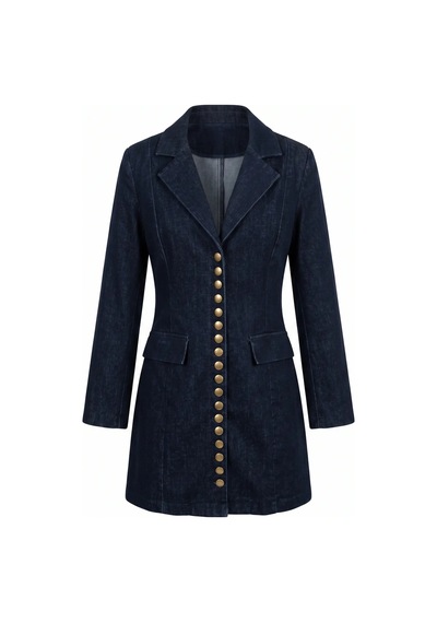 CEMO Gold Düğme Detaylı Uzun Blazer Ceket Lacivert