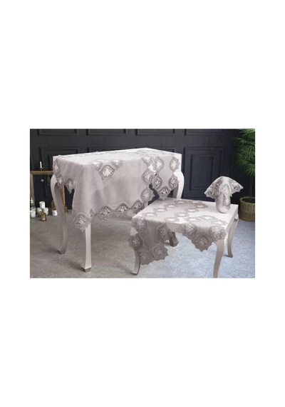 Salon Takımı 5 Parça Keten Dantelli Masa Örtüsü Runner Seti Çeyizlik Flowers Model No 9964 Kapiçino Bzckh593 Çok Renkli
