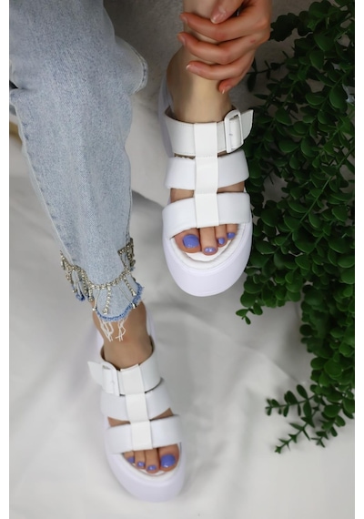 Asmi Shoes Kadın Mikeno Üç Biyeli Toka Detaylı Kalın Taban Ortopedik Terlik Beyaz Beyaz