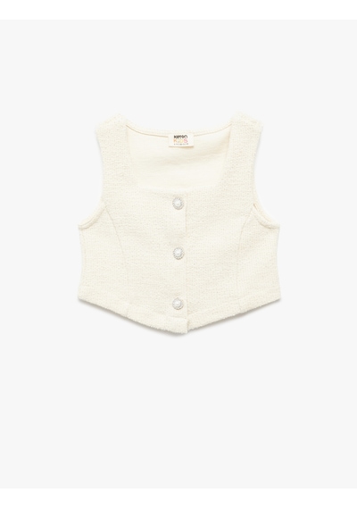 Koton Pamuklu Kare Yaka Slim Fit Düğmeli Kolsuz Tüvit Crop Bluz Ekru 6wkg60016ak Ekru