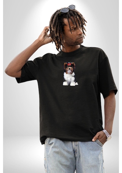 Biewer Yorshire Terrier Siyah Oversize Unisex Ön Orta Minimal Baskılı Tişört Siyah