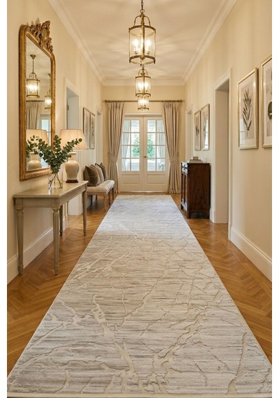 Leiva Home London 002 Krem Bej Özel Ölçü Bambu Akrilik Yumuşak Kaymaz Taban Salon Koridor Mutfak Saçaklı Halı 0140-krem/gri/bej