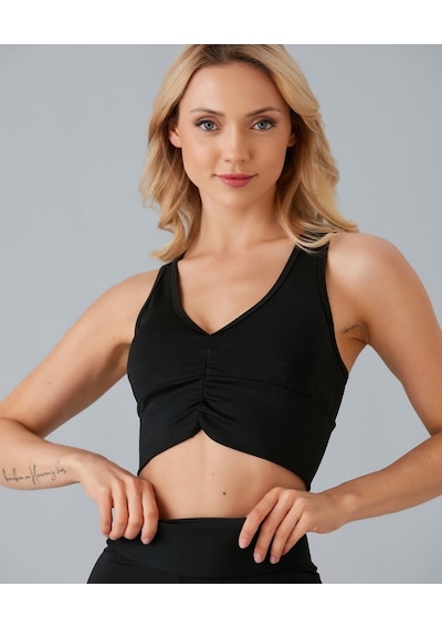 Aurafit Kadın Önü Büzgülü Arkası Çapraz Kaplı Croptop/büstiyer Siyah