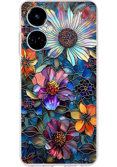 Printify Tecno Camon 19 İle Uyumlu Vitray Mücevher Flora Tasarımlı Şeffaf Silikon Kılıf Şeffaf
