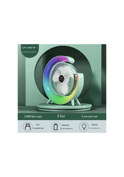 Masaüstü Vantilatör Usb Şarjlı Rgb Led Işıklı 3 Kademeli 180 Ayarlanabilir Soğutucu Fan Yeşil Krgltgsnyfgm4gw80l0