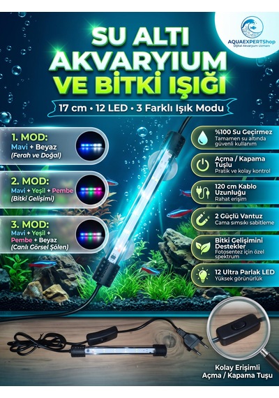Akvaryum Işığı - Balık Işığı - Bitki Işığı - 17 Cm - 12 Led - Tamamen Su İçinde Kullanılabilir - 3 Modlu - 2w - Mükemmel Işık