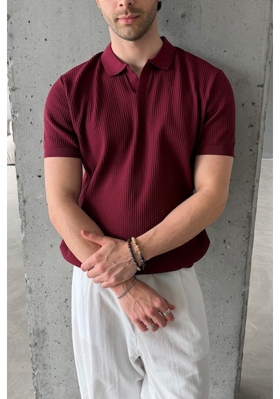 Erkek Petek Desen Polo Yaka Triko T-shirt Bordo