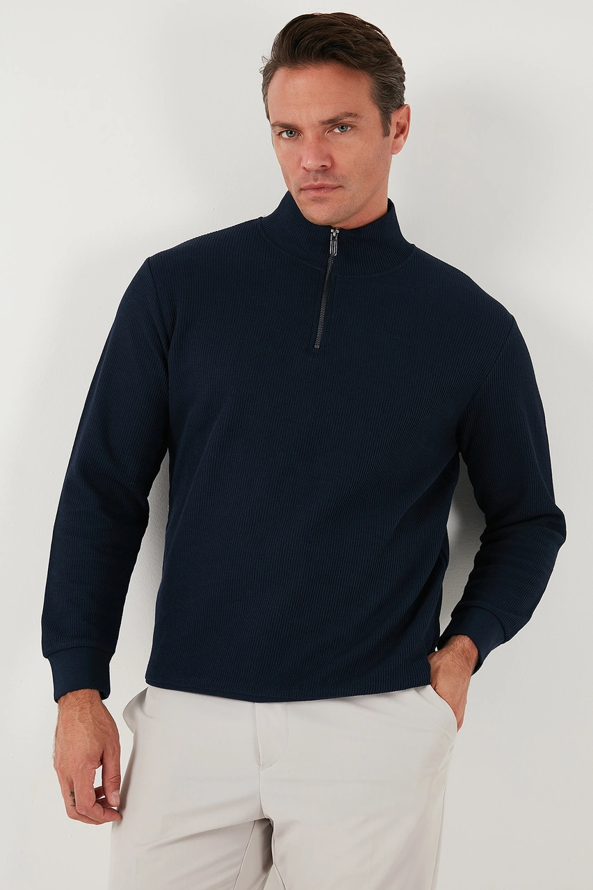 Buratti Pamuklu Regular Fit Yarım Fermuarlı Dik Yaka 2'Li Paket Erkek Sweat 5905716S2 Koyu Vizon-Koyu Lacivert