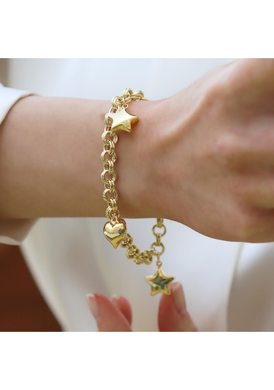 Kalp Yıldızlı Hallow Gold Gümüş Bileklik Gümüş