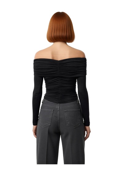 Frm Kadın Off Shoulder Büzgülü Düğmeli Uzun Kollu Crop Üst Kaliteli Ş siyah