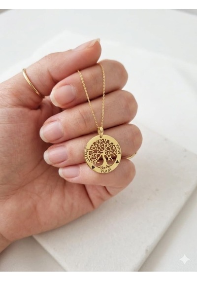 925 Ayar Gümüş Altın İşçilik Kişiye Özel İsimli Tuğba Hayat Ağacı Aile Kolye.rose.gold.rodaj