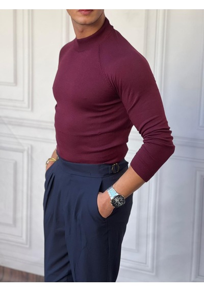 Modefendi Slimfit Kalıp Pamuklu Triko Yarım Balıkçı Triko Kazak Bordo