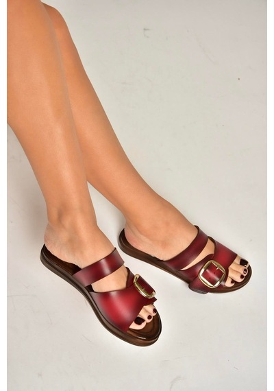 Fox Shoes Y390350703 Bordo Hakiki Deri Kadın Terlik Bordo