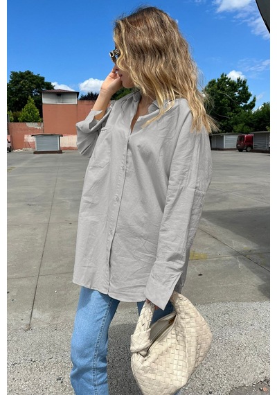 Madmext Gri Oversize Basic Cepli Poplin Gömlek Mg1530 Gri
