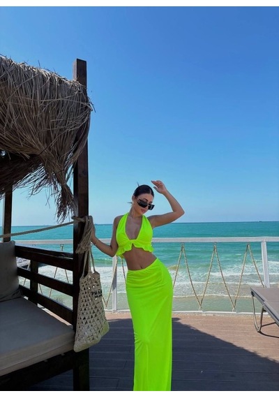 Moderie Butik Kadın Mayo Kumaş Bağlamalı Crop Ve Maxi Boy Etek Ikili Takım Neon Yeşil Moderie Butik Kadın Mayo Kumaş Bağlamalı Crop Ve Maxi Boy Etek Ikili Takım Neon Yeşil