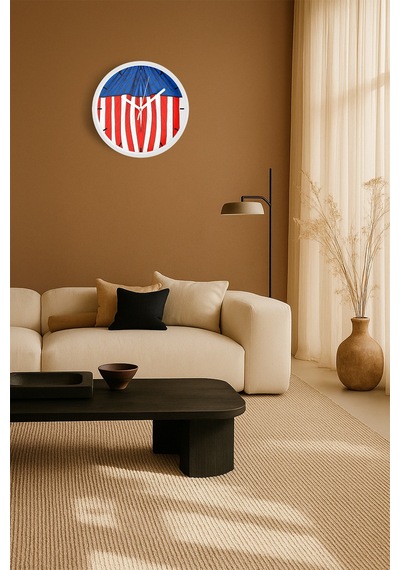 Amerikan Bayrağı Tasarımı Modern Duvar Saati - 30cm - Önü Camlı Beyaz Kasa - Sessiz Mekanizma Beyaz
