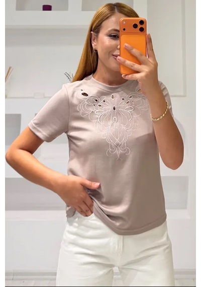 Fiolin Soft Touch Modal Kumaş Nakışlı Lazer Kesim T-shirt Bej