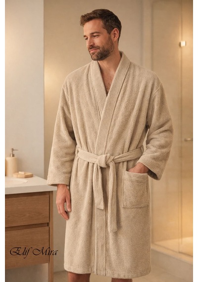 Kimono Yaka Unisex Tek Kişilik Pamuklu Banyo Bornozu Comfort Bej