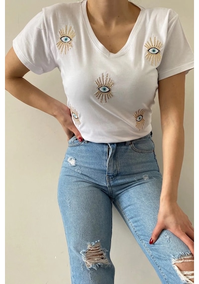 Cassime Kadın Beyaz V Yaka Göz Pul Ve Nakış Işlemeli Tişört S-m-l-xl-2xl-3xl